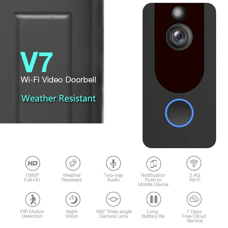 V7 1080P Full HD Weather Resistant WiFi Security Home Monitor Intercom Smart Phone Video Doorbell, Support Two-way Audio, PIR Motion Detection, Night Vision V7 1080P Full HD Weather Resistant WiFi Security Home Monitor Intercom Smart Phone Video Doorbell, Support Two-way Audio, PIR Motion Detection, Night Vision